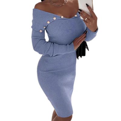 Women's Long Sleeve Square Neck Dress Slim Fit Ribbed Knit Bodycon Long Dress Stretch Sweater Pencil Midi Dress (XX-Large,Blue)