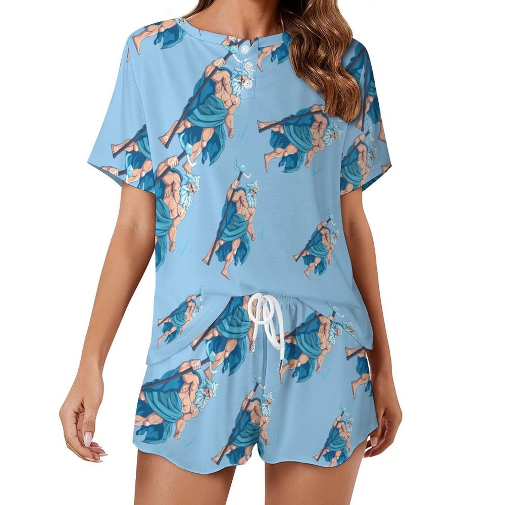 Greek Mythology Zeus Womens Pajama Sets Short Sleeve Shirt and Shorts 2 Pieces Loungewear Sleepwear PJ XL