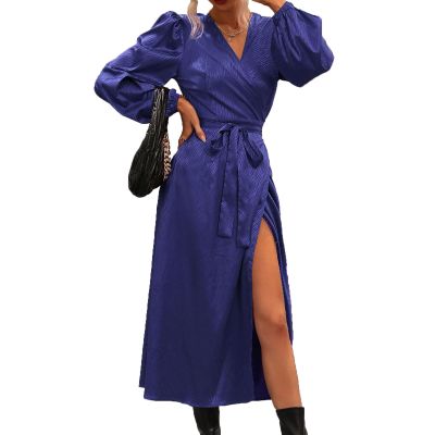 Women's Satin Puff Long Sleeve Maxi Dress Solid Color Wrap Front Self-Tie Evening Gowns V Neck Casual Bodycon Dress (Large,Blue 2)