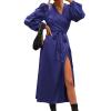 Women's Satin Puff Long Sleeve Maxi Dress Solid Color Wrap Front Self-Tie Evening Gowns V Neck Casual Bodycon Dress (Large,Blue 2)