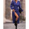 Women's Satin Puff Long Sleeve Maxi Dress Solid Color Wrap Front Self-Tie Evening Gowns V Neck Casual Bodycon Dress (Large,Blue 2) view 2
