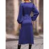 Women's Satin Puff Long Sleeve Maxi Dress Solid Color Wrap Front Self-Tie Evening Gowns V Neck Casual Bodycon Dress (Large,Blue 2) view 3