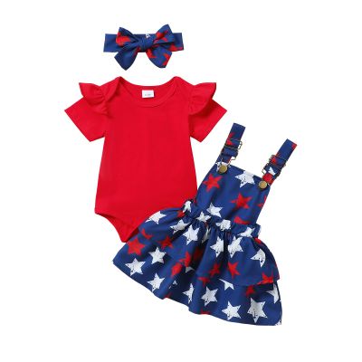 Doisbetthsay Baby Girl Outfits Ruffle Sleeve Knit Ribbed Romper Suspender Skirt Headband Baby Dress Infant Girl Clothes