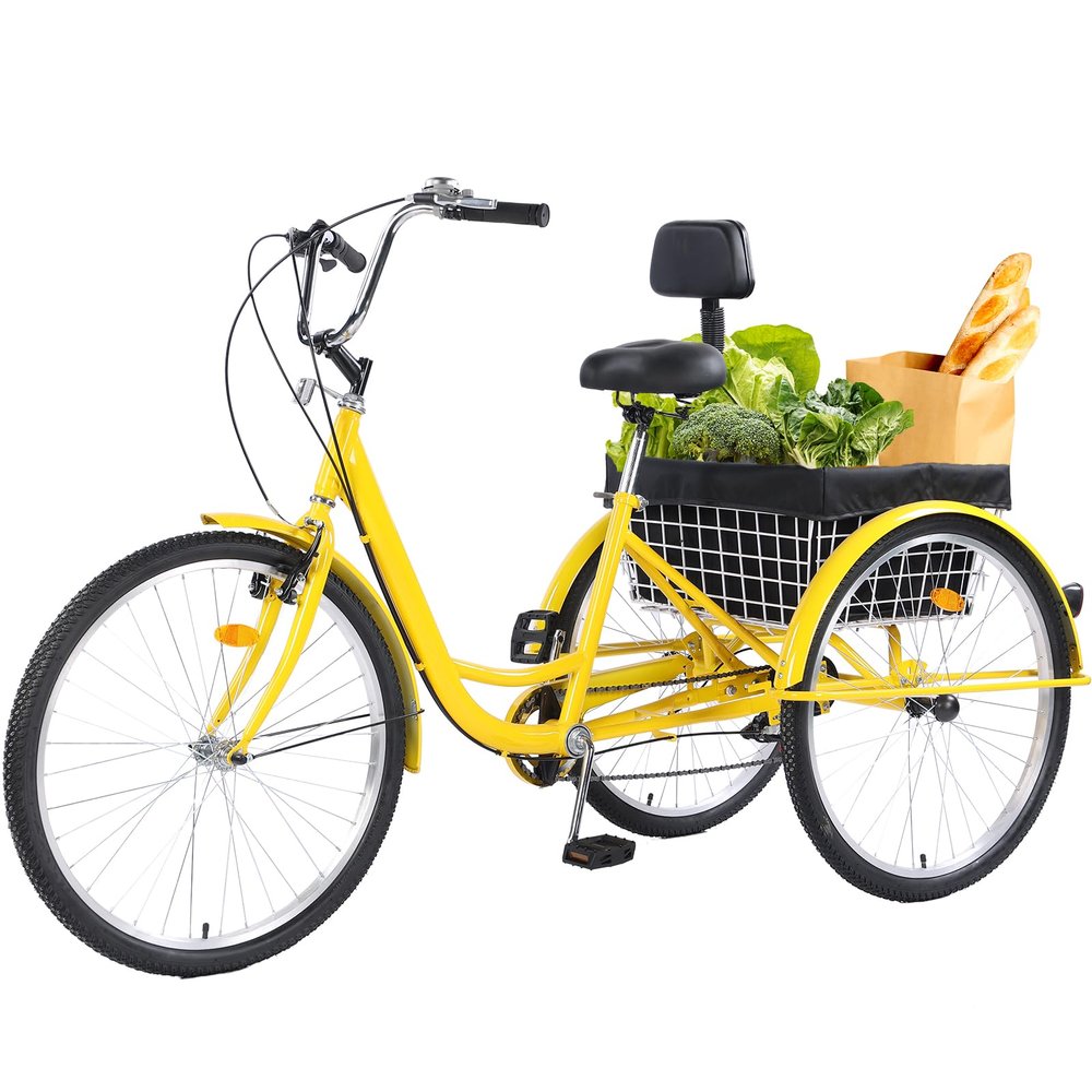 EVGTTI 7-Speed Adult Tricycle with Large Basket 24/26 Inch, Stable 3-Wheel Cruise Bicycle for Shopping, Beach and City Trike Perfect for Men, Women, Seniors(Black/Red/Green/Yellow) (Yellow, 24inch)