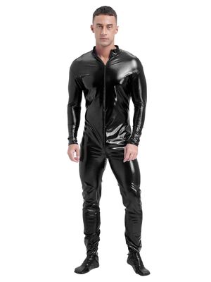Miutii Mens One Piece Metallic Shiny Footed Jumpsuit Mock Neck Long Sleeve Zipper Full Body Unitard Black XX-Large