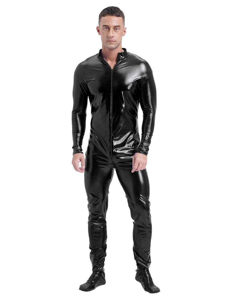 Miutii Mens One Piece Metallic Shiny Footed Jumpsuit Mock Neck Long Sleeve Zipper Full Body Unitard Black XX-Large