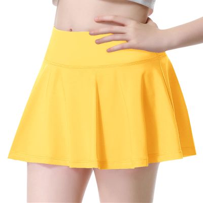 QooNoo Girls Tennis Skirt Athletic Running Shorts for Kids Teen High Waisted Golf Skort with Pockets Casual Workout (Yellow,X-Small)