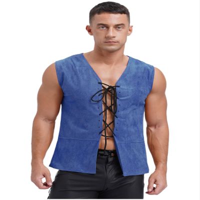 Manyakai Mens Solid Color Lace-up Vest Hippie Waistcoat Pirate Cardigan for Cosplay Stage Performance Navy Blue Small