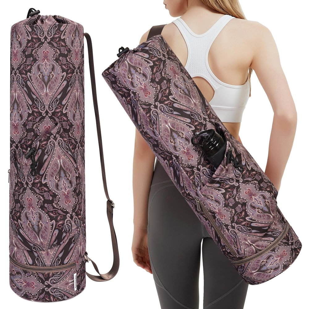 sportsnew Yoga Mat Bag with Water Bottle Pocket and Bottom Wet Pocket, Exercise Yoga Mat Carrier Multi-Functional Storage Bag, Vintage Pattern Patent pending