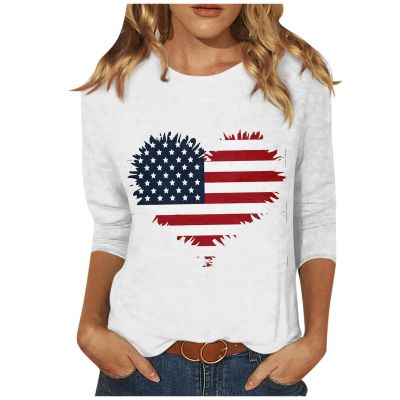 4th of July Outfits for Women Funny American Flag Summer Tops 3/4 Sleeve Graphic Tees Red White and Blue Tshirts Dressy Causal Blouses Cute Patriotic USA Shirts