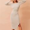NineFit Basics Women's Summer Midi Bodycon Dresses Deep V Neck Twist Front Ribbed Dress Casual Side Slit Knit Cut Out Tank Top Dress (Medium,Apricot) view 2