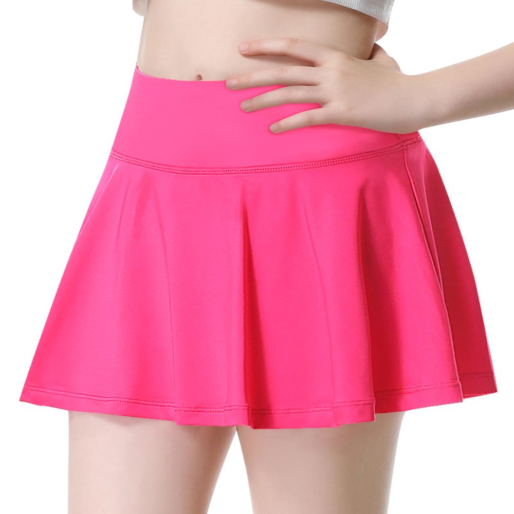 QooNoo Girls Tennis Skirt Athletic Running Shorts for Kids Teen High Waisted Golf Skort with Pockets Casual Workout (Hot Pink,Medium)