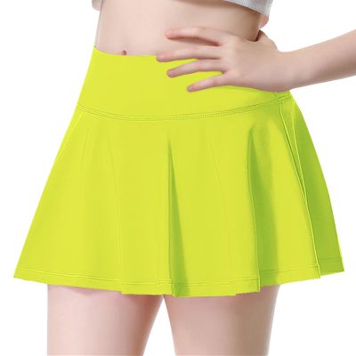 QooNoo Girls Tennis Skirt Athletic Running Shorts for Kids Teen High Waisted Golf Skort with Pockets Casual Workout (Neon Green,X-Large)