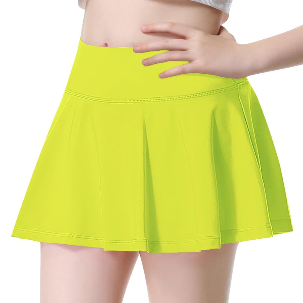 QooNoo Girls Tennis Skirt Athletic Running Shorts for Kids Teen High Waisted Golf Skort with Pockets Casual Workout (Neon Green,X-Large)