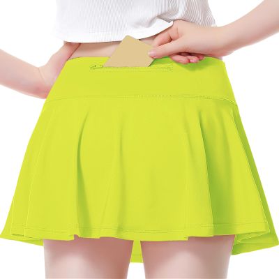QooNoo Girls Tennis Skirt Athletic Running Shorts for Kids Teen High Waisted Golf Skort with Pockets Casual Workout (Neon Green,X-Small)