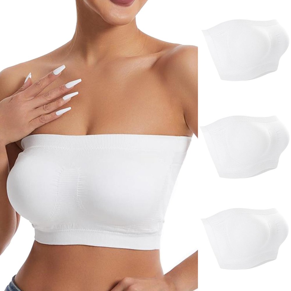 3 Pack Bandeau Bra for Women Stretch Non Padded Tube Top Bralette Strapless Non Slip Seamless Crop Top Basic Bra White