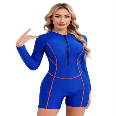 TiaoBug Boyleg Swimsuits for Women Long Sleeve One Piece Swimwear UV Rash Guard Bathing Suit Monokin Blue D07 XX-Large