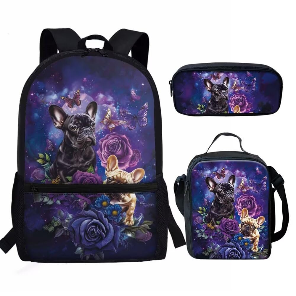 HUGS IDEA French Bulldog Floral Print School Backpack Kids Set Bookbag with Lunch Tote Bag and Pencil Case for Middle Elementary Preschool Students Supplie