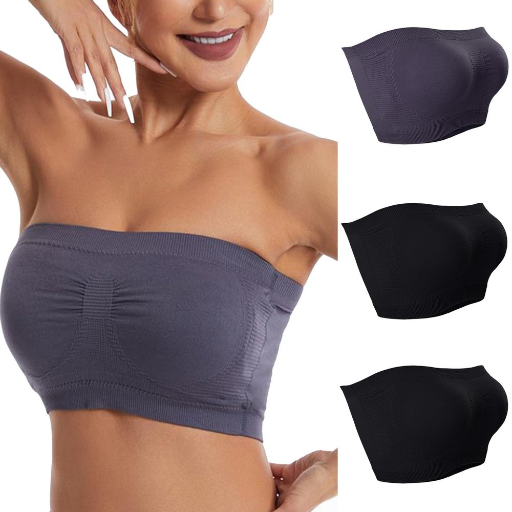 3 Pack Bandeau Bra for Women Stretch Non Padded Tube Top Bralette Strapless Non Slip Seamless Crop Top Basic Bra