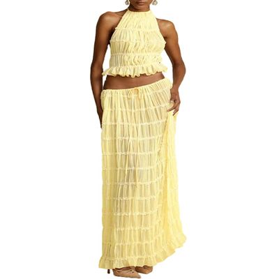 Womens Two Piece Skirt Set Lace Up Sleeveless Tank Top and Flowy Pleated Long Skirt Summer Chiffon Maxi Skirt Beach Set (US, Alpha, Medium, Regular, Regular, Yellow)