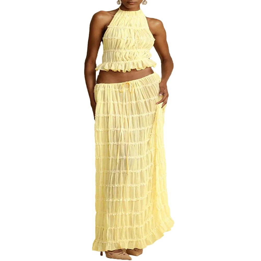 Womens Two Piece Skirt Set Lace Up Sleeveless Tank Top and Flowy Pleated Long Skirt Summer Chiffon Maxi Skirt Beach Set (US, Alpha, Medium, Regular, Regular, Yellow)