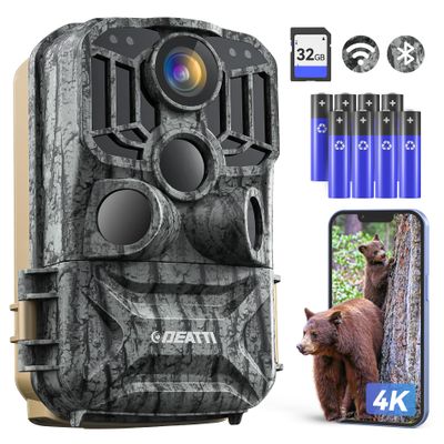 DEATTI Trail Camera 48MP 4K Game Camera with 8 Batteries 32GB SD Card,WiFi Bluetooth Connection,Trail Cameras with Night Vision Motion Activated Waterproof for Wildlife Deer Outdoor 0.1s Trigger Time