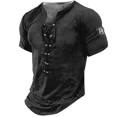WENKOMG1 Mens Pirate Shirt Short Sleeve Distressed Summer V Neck Tees Retro Style Medieval Lace Up Henley Shirt, Polo Shirt for Men T Shirts Mens Golf Shirts Hawaiian Shirt(A Black,Medium)