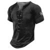 WENKOMG1 Mens Pirate Shirt Short Sleeve Distressed Summer V Neck Tees Retro Style Medieval Lace Up Henley Shirt, Polo Shirt for Men T Shirts Mens Golf Shirts Hawaiian Shirt(A Black,Medium) view 2