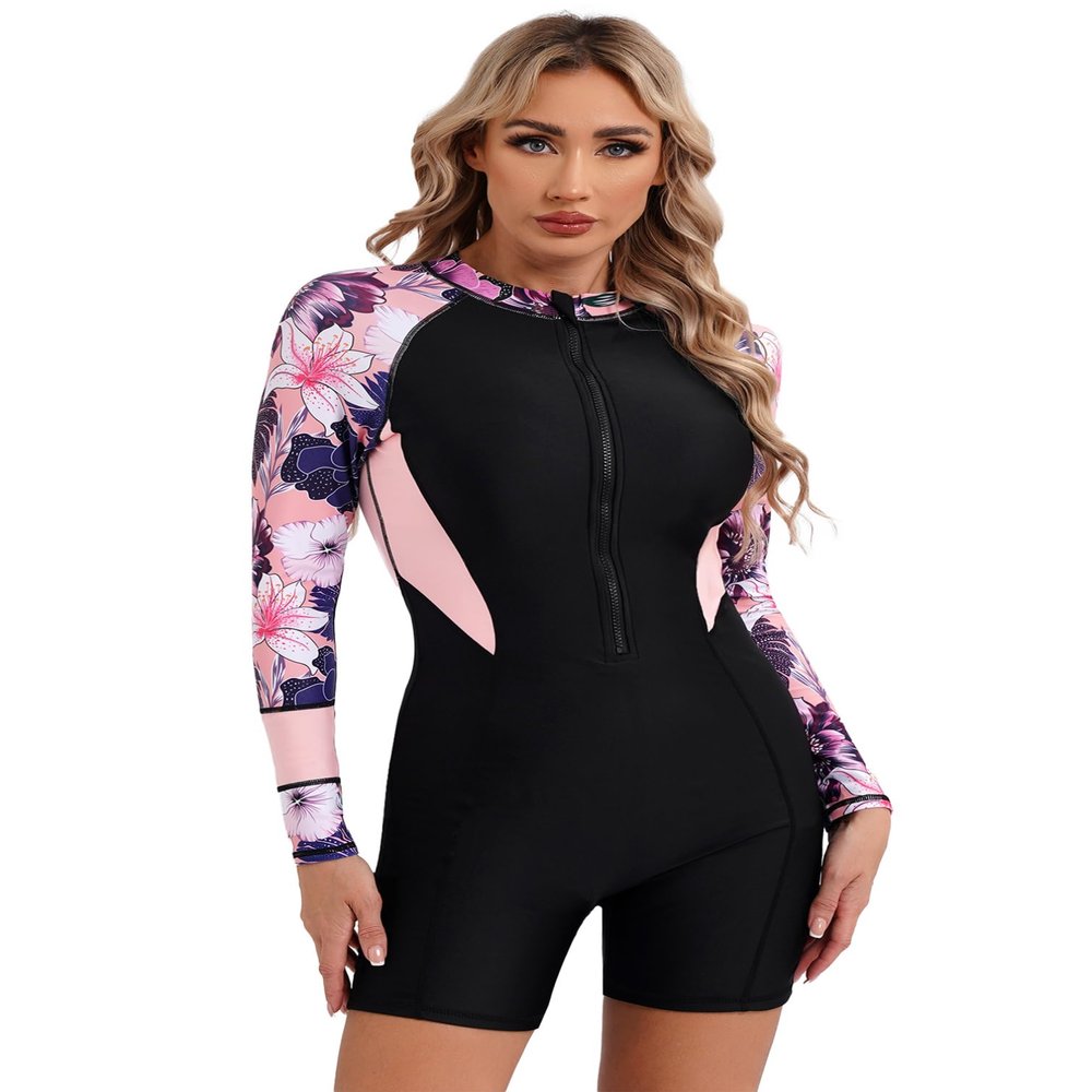 TiaoBug Boyleg Swimsuits for Women Long Sleeve One Piece Swimwear UV Rash Guard Bathing Suit Monokin Pink E Large