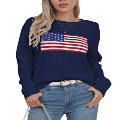 Allifewithu Women's American Flag Pullover Sweaters Long Sleeve Crew Neck Summer Ligthweight Sweater Navy Blue X-Large