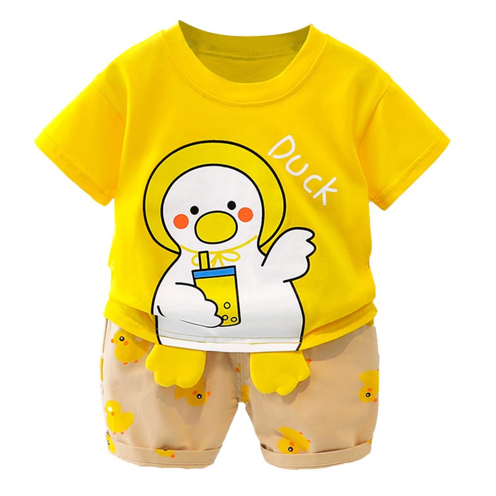 AMIMOJY Baby Boy Summer New Clothes Cartoon Duck Prints T Shirt Crewneck Tops Cute Shorts Set Girls Cotton Outfit 2Pcs, 100, Yellow