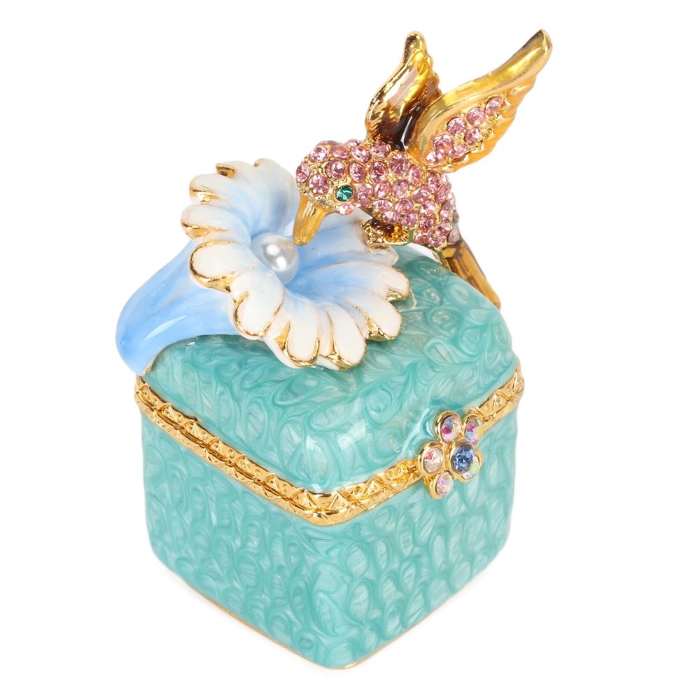 SASKATE Hand Painted Bird Figurine Jewelry Box, Hinged Mini Enamel Hummingbird Trinket Box for Rings, Earrings, Necklaces, Home Decor & Jewelry Organizer (Blue)