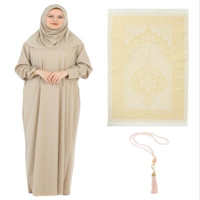 Prien Women Prayer Dress With Hijab Rug Tasbih Muslim Set Islamic Clothes Abaya Jilbab Dubai Kaftan For Eid Ramadan (Mink)