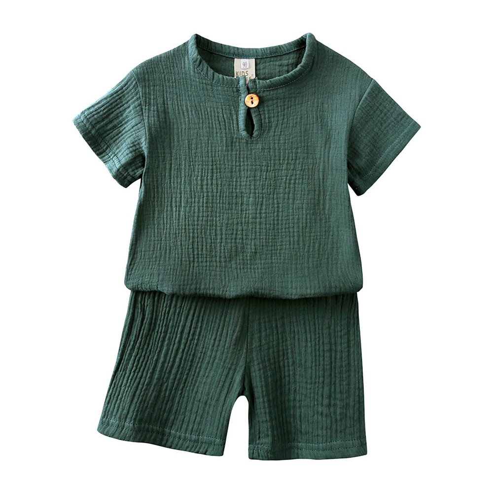Boys Cotton Linen Clothes Set Girls Summer Short Sleeve T Shirt Crewneck Tops Shorts Solid Color Comfy Suit 2Pcs Green