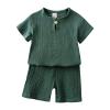 Boys Cotton Linen Clothes Set Girls Summer Short Sleeve T Shirt Crewneck Tops Shorts Solid Color Comfy Suit 2Pcs Green view 1