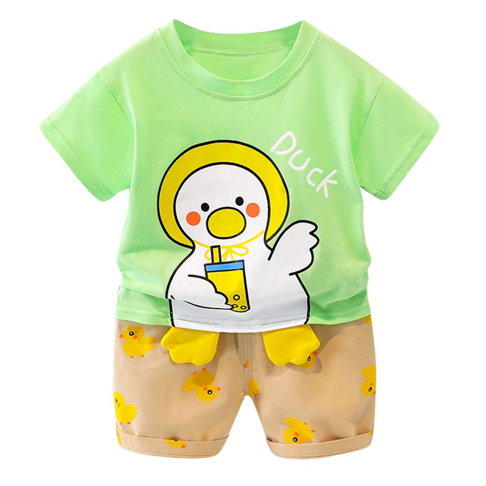 AMIMOJY Baby Boy Summer New Clothes Cartoon Duck Prints T Shirt Crewneck Tops Cute Shorts Set Girls Cotton Outfit 2Pcs, 100, Green