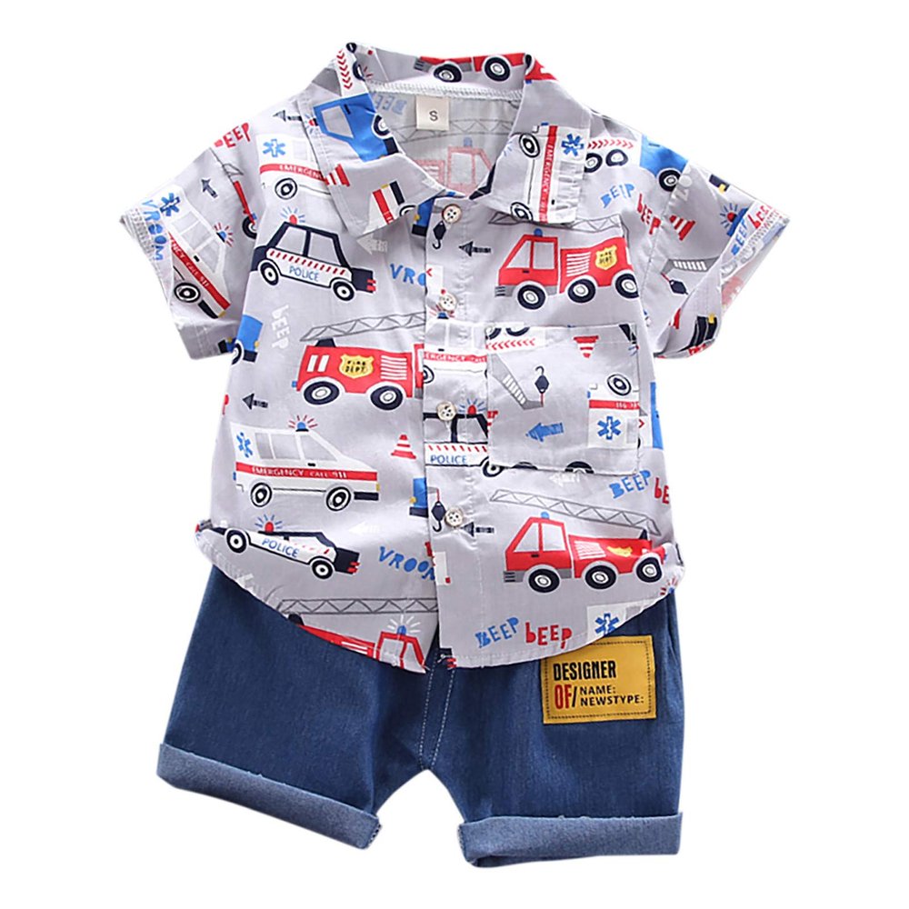 AMIMOJY Infrant Baby Boys Suit Summer New Clothes Short Sleeve Botton Down Shirt Cartoon Prints Tops Denim Outfit 2Pcs Set, 100=L