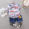 AMIMOJY Infrant Baby Boys Suit Summer New Clothes Short Sleeve Botton Down Shirt Cartoon Prints Tops Denim Outfit 2Pcs Set, 100=L view 2