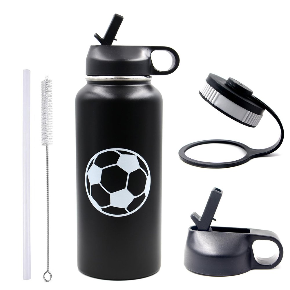 32 oz Soccer Water Bottle with Straw, Wide Mouth Sports Flask Metal Travel Tumbler with 2 Lids, Stainless Steel Double Wall Vacuum Insulated Leakproof Thermo Water Bottles, Soccer Gifts for Boys Girls