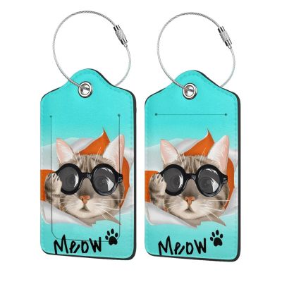 2 Pack Cute Cat Luggage Tags for Kids Girls Women Travel Funny Animal with Sunglasses Print on PU Leather Bag Tags Accessories Privacy Cover ID Label with Stainless Steel Loop for Backpack Suitcase