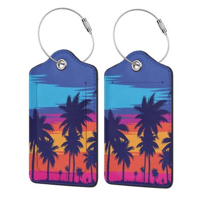 2P Sunset Beach Palm Trees Luggage Tags Privacy Cover ID Label with Stainless Steel Loop and Address Card for Travel Bag Suitcase Funny Cute Man Women Kids
