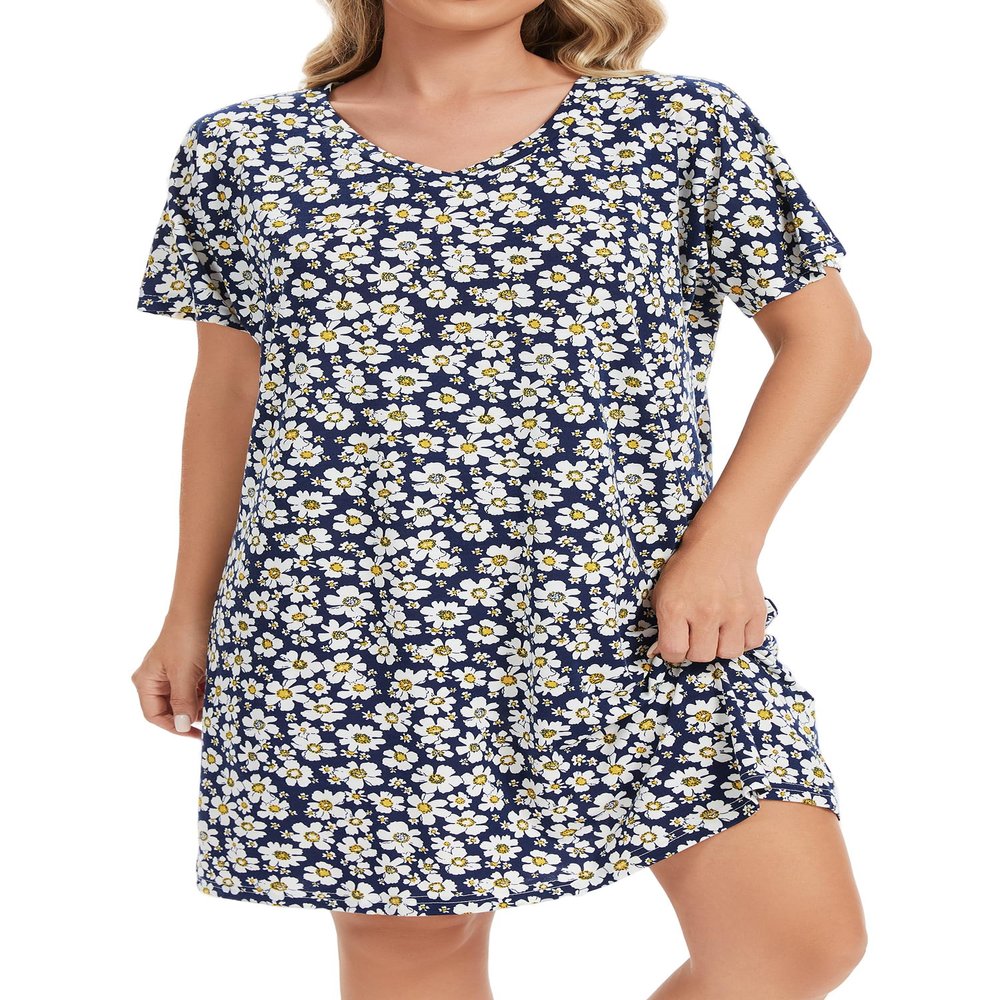 Kabento Nightgowns for Women Cotton Sleep Shirts Short Sleeve Sleepwear, Daisy, Small