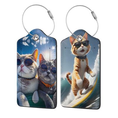 2P Cute Animal Cat Party Luggage Tags Privacy Cover ID Label with Stainless Steel Loop and Address Card for Travel Bag Suitcase Funny Cute Man Women Kids