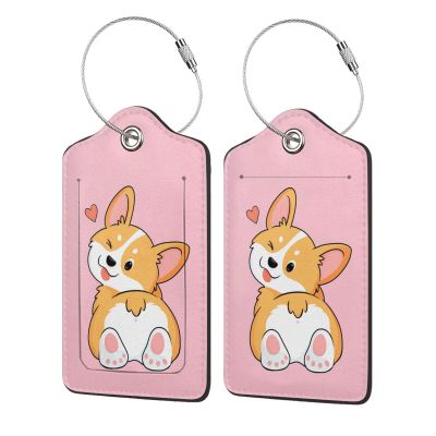 2P Light Pink Cute Corgi Cartoon Animal Dog Pet Luggage Tags Privacy Cover ID Label with Stainless Steel Loop and Address Card for Travel Bag Suitcase Funny Cute Man Women Kids