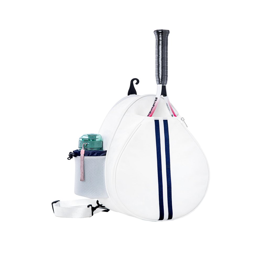 Uriyesobida White PU One Shoulder Crossbody Tennis Backpack Tennis Racket Sling Bag for Women, with Water Bottle Holder