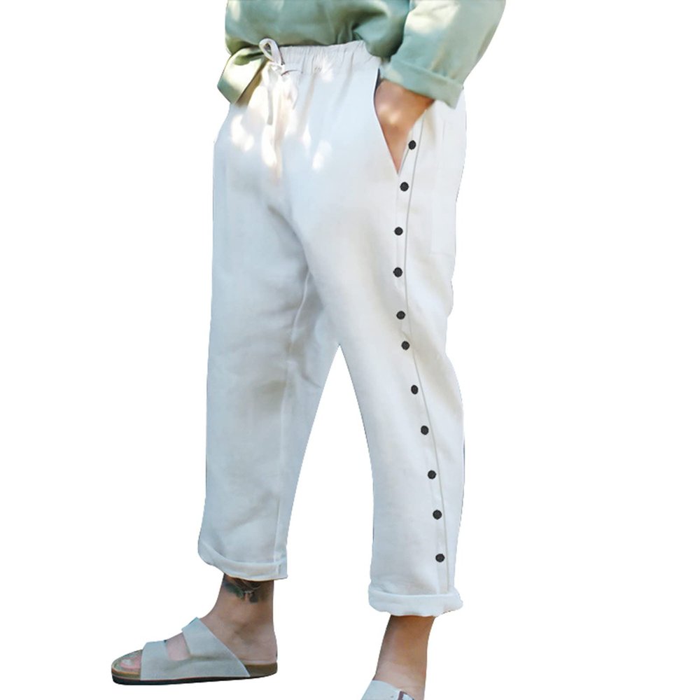 Men's Cotton Linen Pants Cropped Trousers Loose Fit Straight Leg Roll-Up Casual Pants Side Button Deco Elastic Waist Drawstring Pull On Summer Beach Yoga Pants (White,Medium)