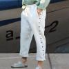 Men's Cotton Linen Pants Cropped Trousers Loose Fit Straight Leg Roll-Up Casual Pants Side Button Deco Elastic Waist Drawstring Pull On Summer Beach Yoga Pants (White,Medium) view 3