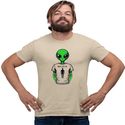 XXX-Large Sand Mens Alien Wearing Believe in Humans Tee Funny UFO T-Shirt