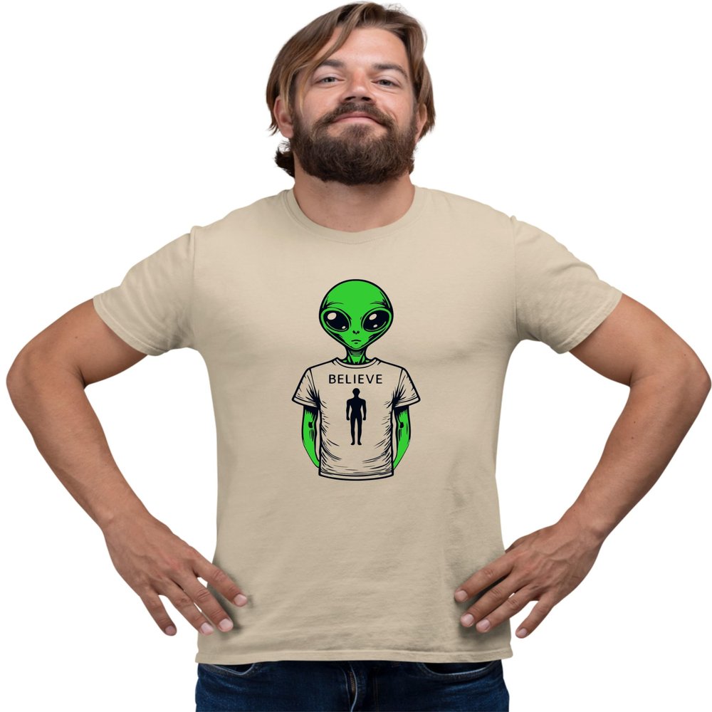 XXX-Large Sand Mens Alien Wearing Believe in Humans Tee Funny UFO T-Shirt