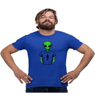 4X-Large Royal Mens Alien Wearing Believe in Humans Tee Funny UFO T-Shirt